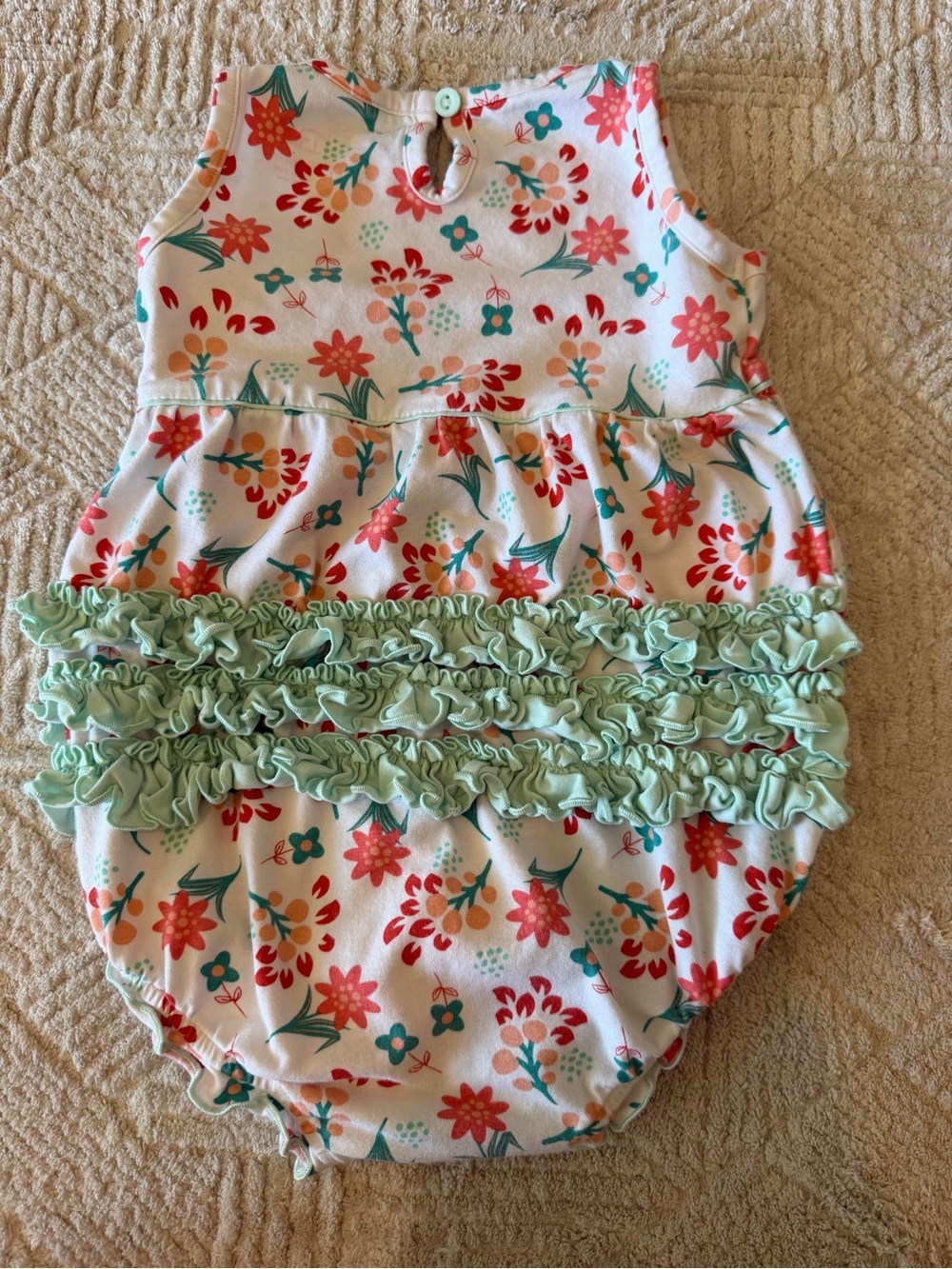 RuffleButts Floral Bubble Romper Girls 18-24 Months White Pink Aqua Ruffle Back